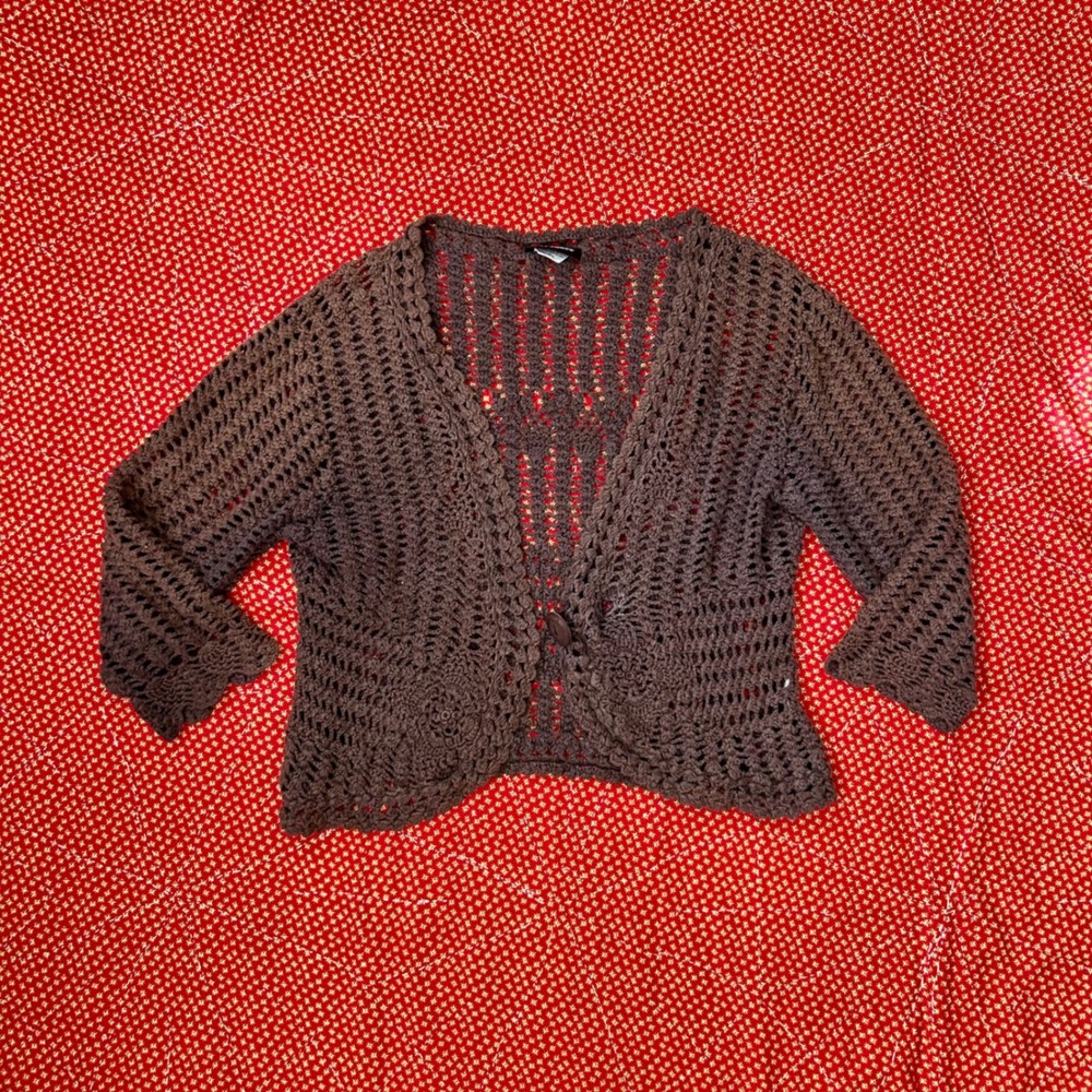 Vintage 2000s One Resource Brown Crochet Knit Cardigan Sweater